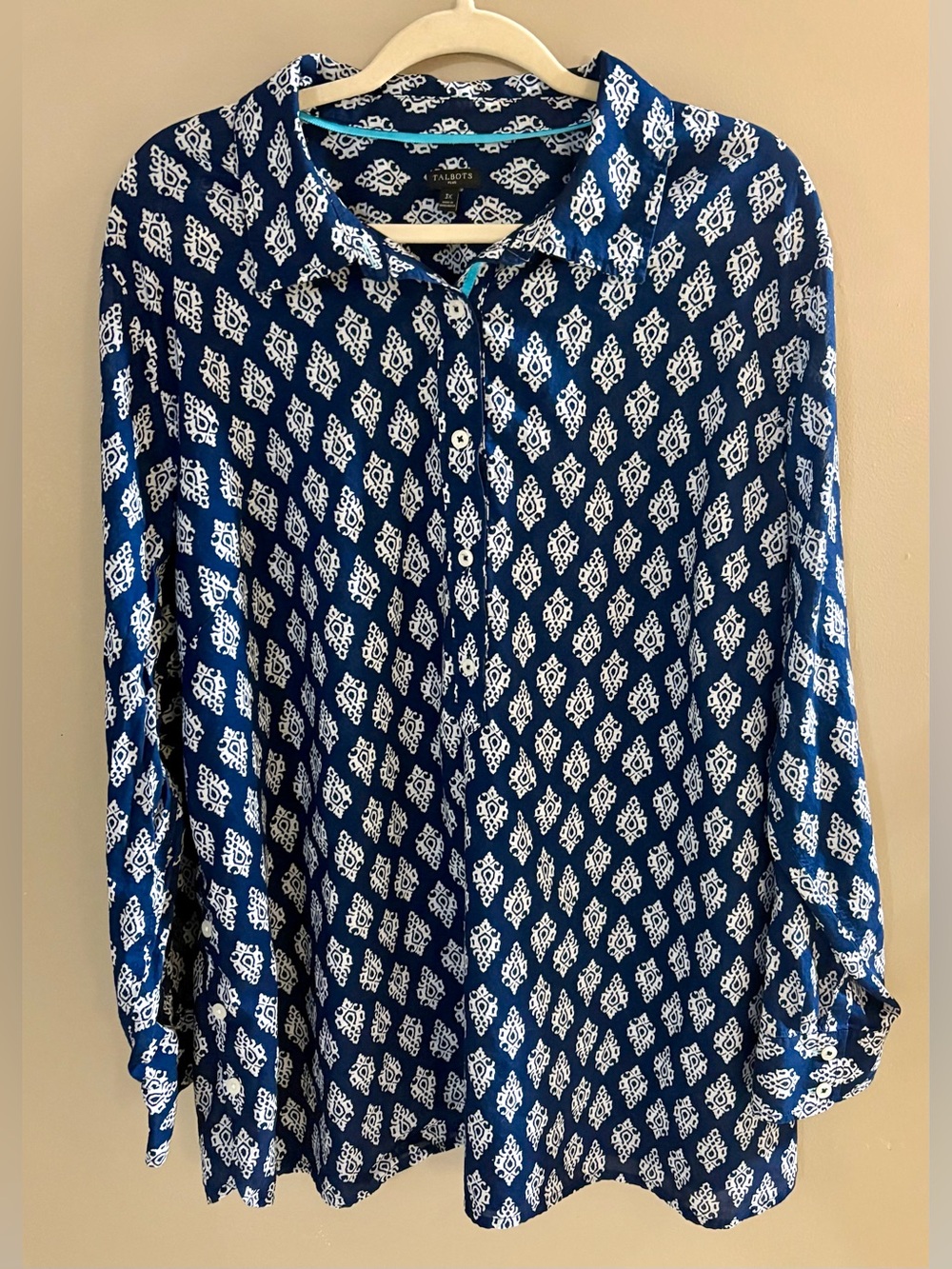 Talbots 3X Blue and White Print, Lightweight Popover Blouse